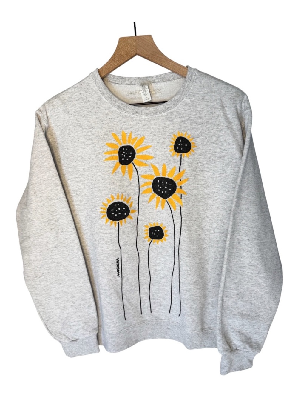 MARUSHKA Sunflower Field Heathered Gray Hand Screened Sweatshirt Sz M
